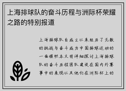 上海排球队的奋斗历程与洲际杯荣耀之路的特别报道