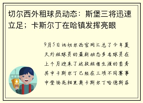 切尔西外租球员动态：斯堡三将迅速立足；卡斯尔丁在哈镇发挥亮眼